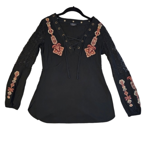 VENUS Tops - Venus Vintage Embroidered Lace  Grommet  Women's Shirt Western Top Blouse Size S